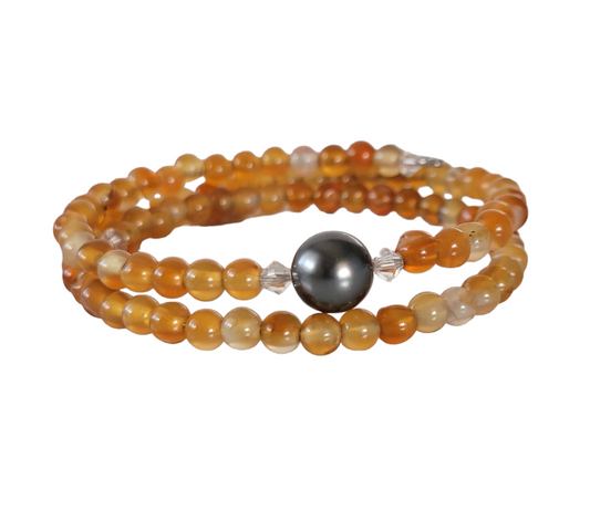 Orange Carnelian Wrap Bracelet Gemstone  set in Memory Wire Black swarovski Pearl