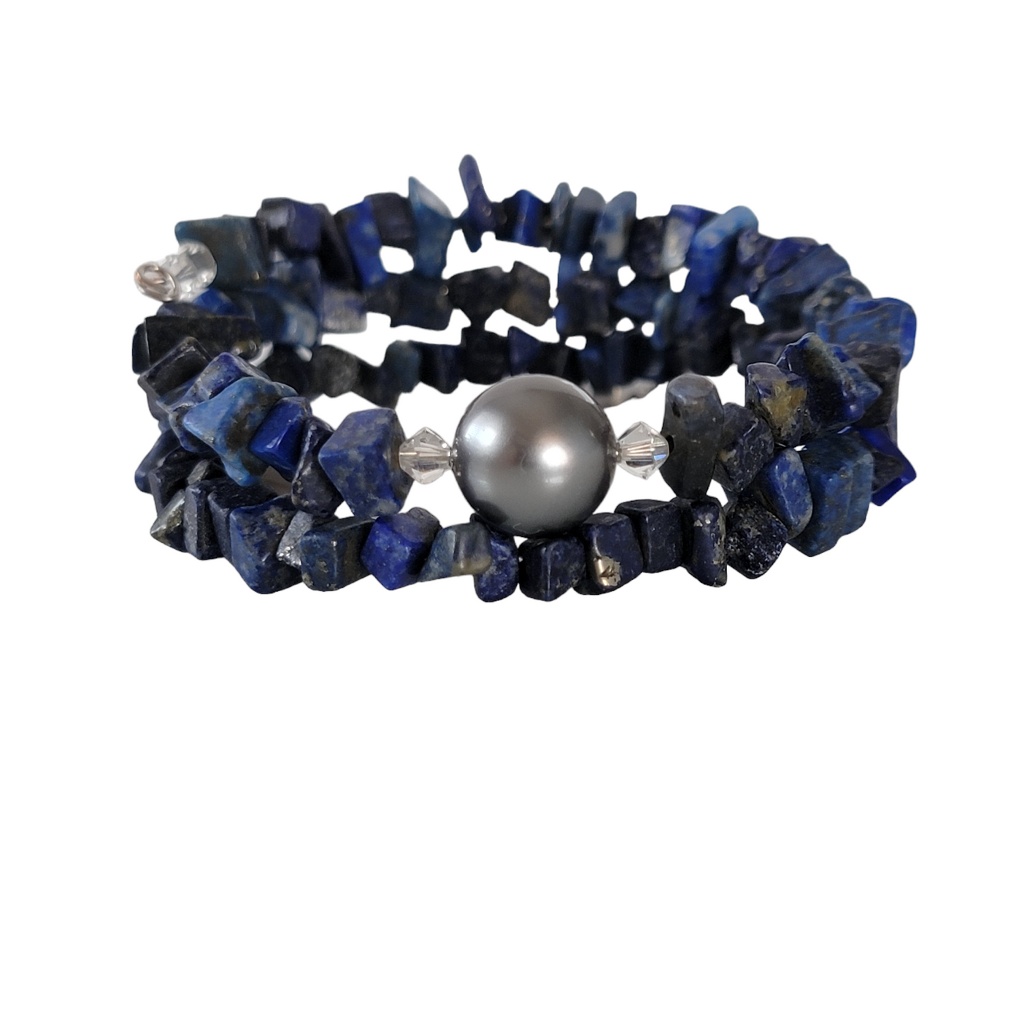 Lapis Lazuli Wrap Bracelet Gemstone Raw Chips set in Memory Wire bLack swarovski Pearl