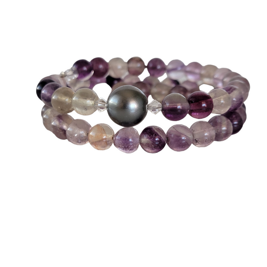 Flourite Wrap Bracelet Gemstone set in Memory Wire with Black Swarovski Pearl